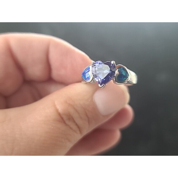 925 Sterling Silver Purple Glass & Faux Opal Heart Ring, Size US 7 Vintage - Picture 2 of 10